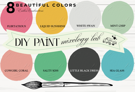 DIY Paint SUMMER SAMPLER Box 8 Colors! Colors in set: FLIRTATIOUS, LIQUID SUNSHINE, WHITE SWAN,MINT CHIP, COWGIRL CORAL, SALTY KISS, LITTLE BLACK DRESS ,SEA GLASS